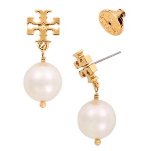 TORY BURCH • Gold Pearl Logo Drop Earrings